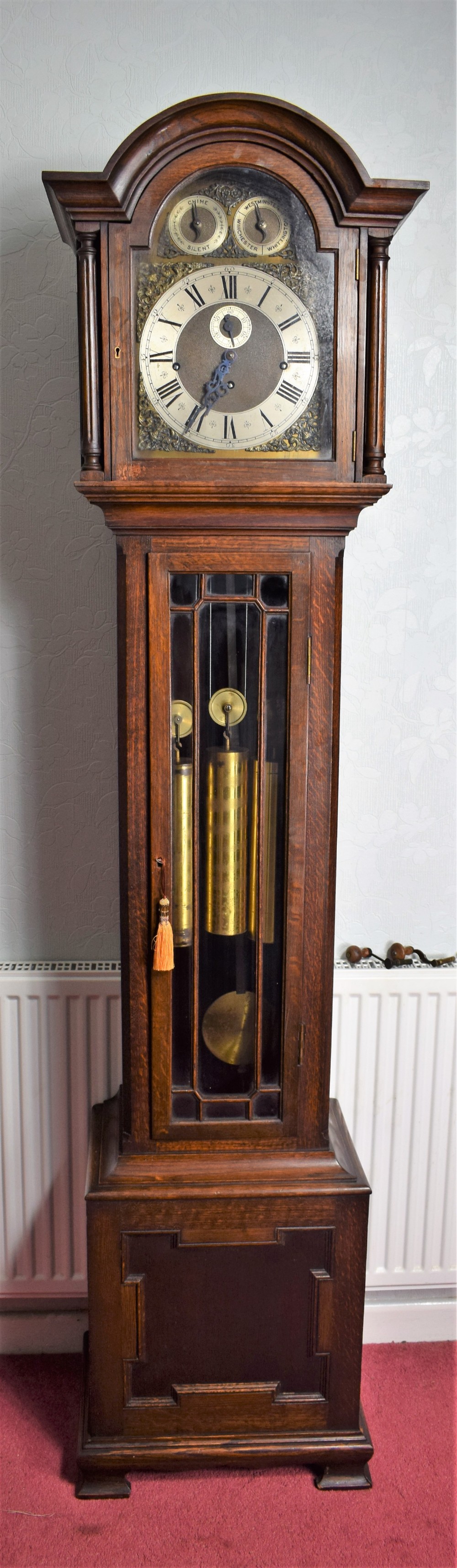 Regulator with Deadbeat Escapement & Maintaining Power Triple Chime Triple Weight Oak Grandmother or Grandfather Musical Longcase Clock with Astragal Glazed Door (Video of Chimes upon Request)