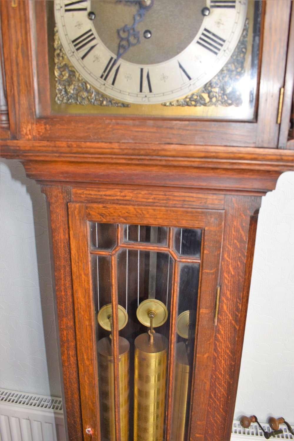 Regulator with Deadbeat Escapement & Maintaining Power Triple Chime Triple Weight Oak Grandmother or Grandfather Musical Longcase Clock with Astragal Glazed Door (Video of Chimes upon Request) View III