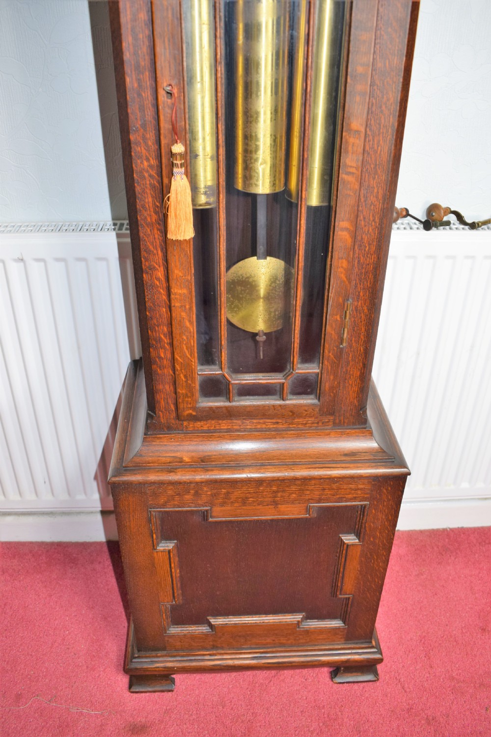 Regulator with Deadbeat Escapement & Maintaining Power Triple Chime Triple Weight Oak Grandmother or Grandfather Musical Longcase Clock with Astragal Glazed Door (Video of Chimes upon Request) View IV