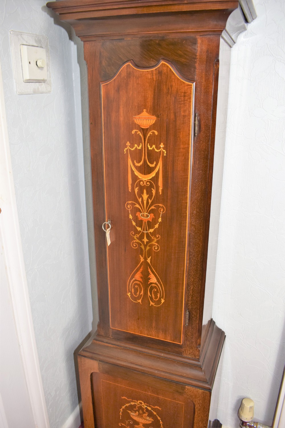 Inlaid Decorated Mahogany Grandmother or Grandfather Longcase Clock with Gustav Becker  of Germany  8 Day Musical Chiming Movement. View II