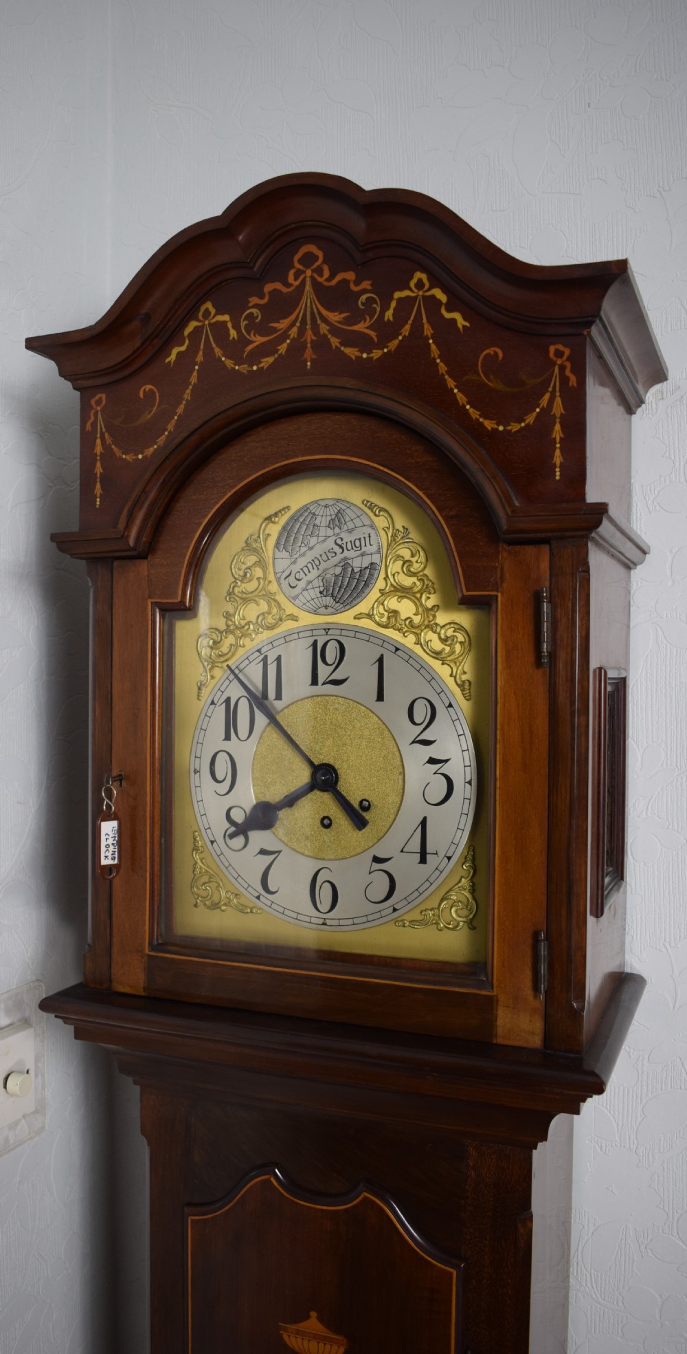 Inlaid Decorated Mahogany Grandmother or Grandfather Longcase Clock with Gustav Becker  of Germany  8 Day Musical Chiming Movement. View IV