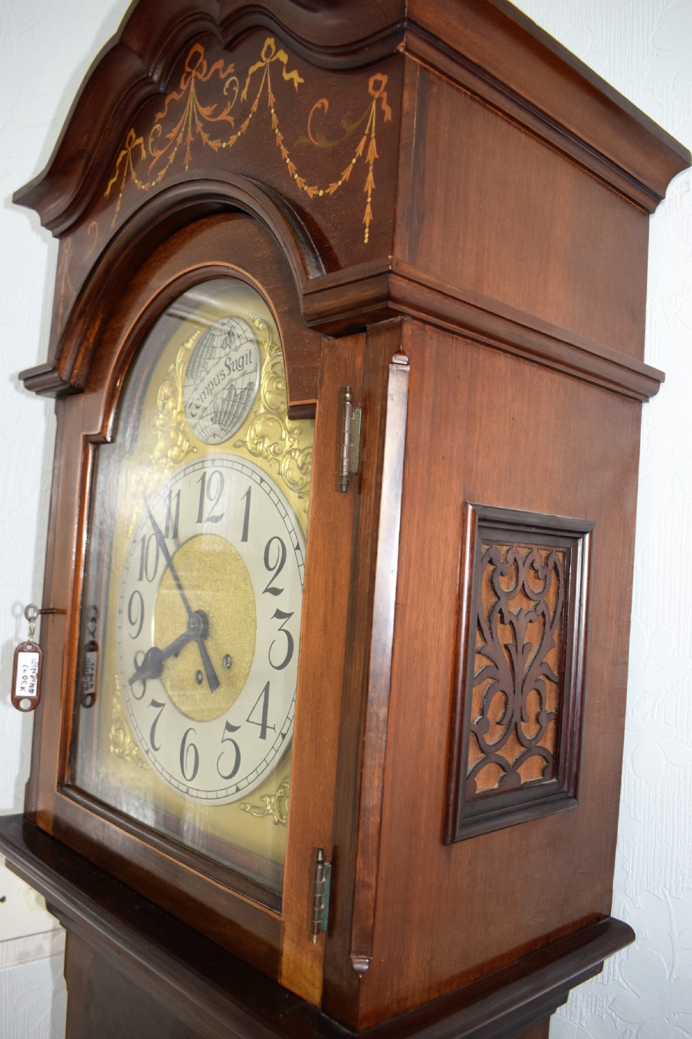 Inlaid Decorated Mahogany Grandmother or Grandfather Longcase Clock with Gustav Becker  of Germany  8 Day Musical Chiming Movement. View V