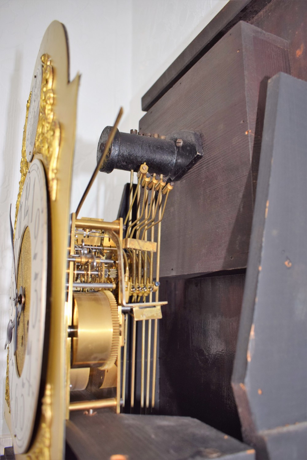 Inlaid Decorated Mahogany Grandmother or Grandfather Longcase Clock with Gustav Becker  of Germany  8 Day Musical Chiming Movement. View VI