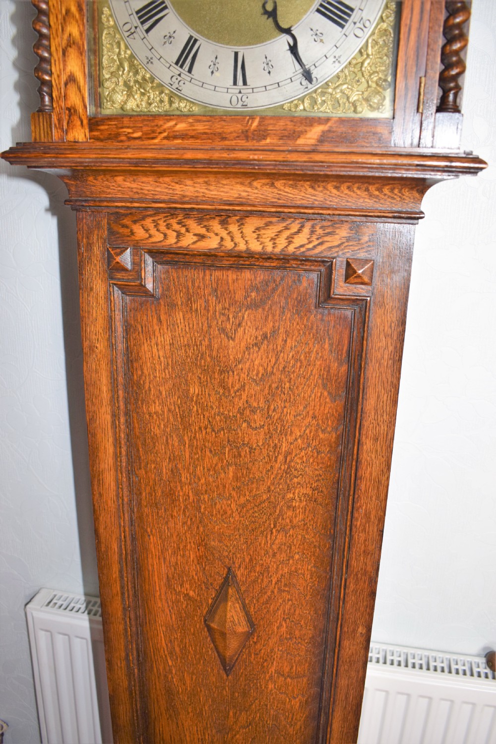 Barley Twist Mellow Sounding Chiming Musical Triple Weight Oak Cased Grandmother ot Grandfather Longcase Clock View III