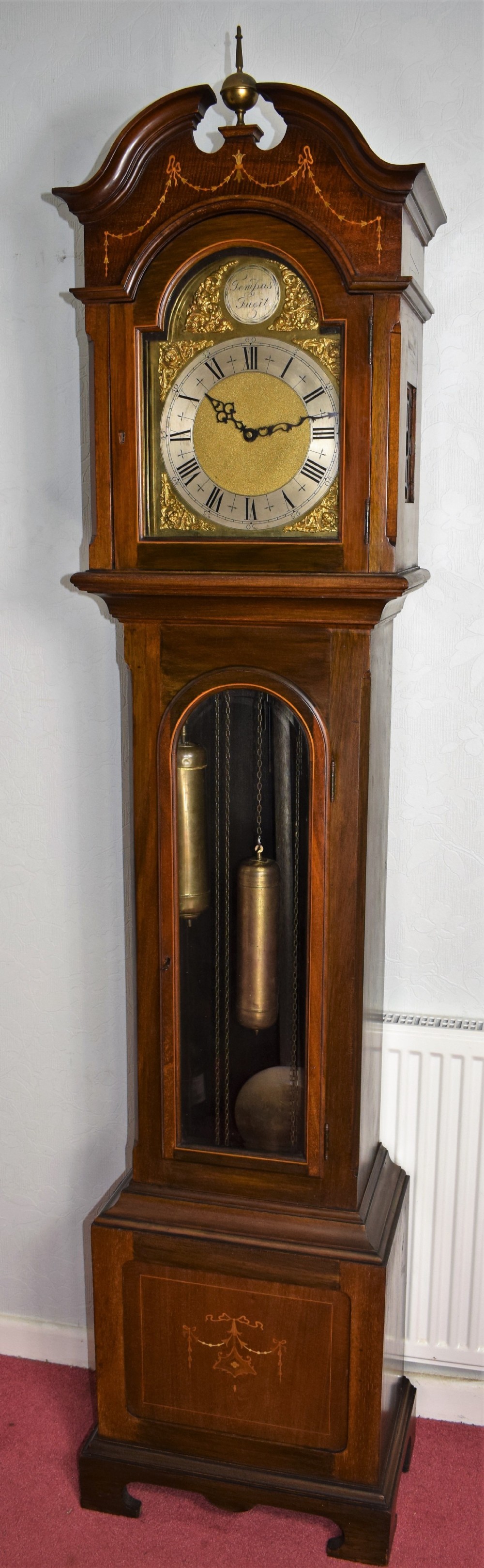 Edwardian Inlaid Glazed Door Mahogany Triple Weight Mellow Sounding Westminster Chiming Musical Grandmother or Grandfather Longcase Clock 