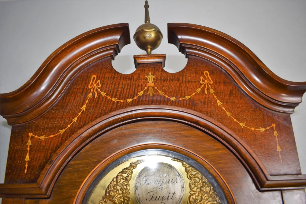 Edwardian Inlaid Glazed Door Mahogany Triple Weight Mellow Sounding Westminster Chiming Musical Grandmother or Grandfather Longcase Clock  View II