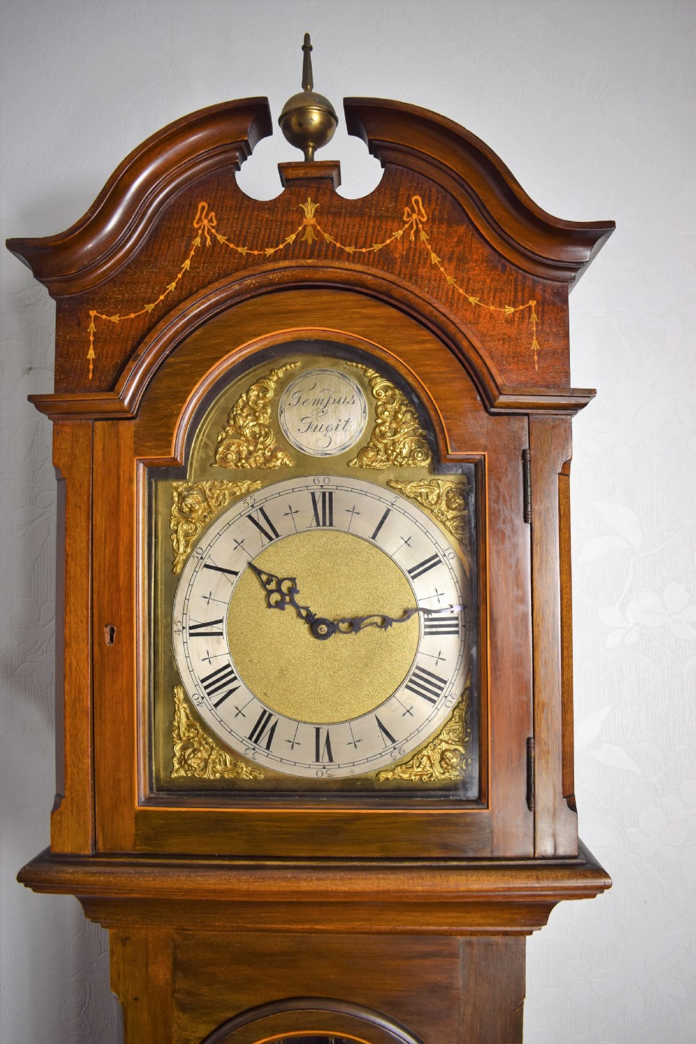 Edwardian Inlaid Glazed Door Mahogany Triple Weight Mellow Sounding Westminster Chiming Musical Grandmother or Grandfather Longcase Clock  View III