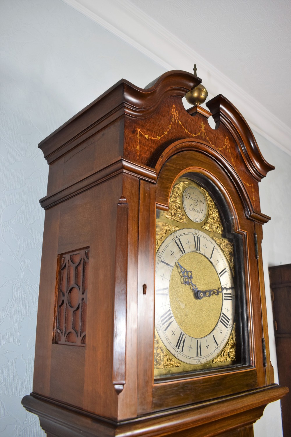 Edwardian Inlaid Glazed Door Mahogany Triple Weight Mellow Sounding Westminster Chiming Musical Grandmother or Grandfather Longcase Clock  View IV
