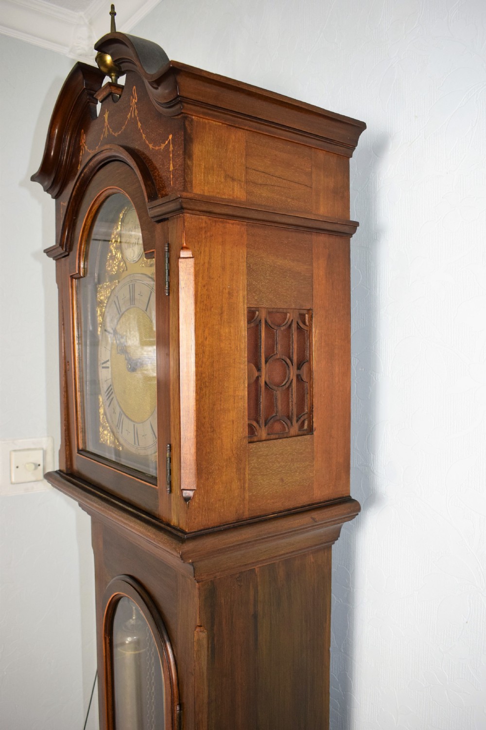Edwardian Inlaid Glazed Door Mahogany Triple Weight Mellow Sounding Westminster Chiming Musical Grandmother or Grandfather Longcase Clock  View V