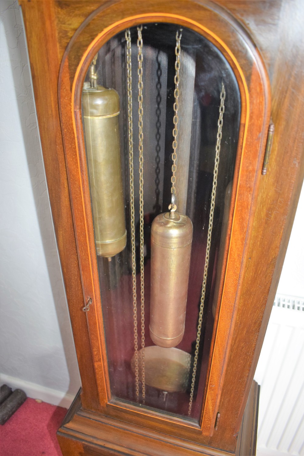 Edwardian Inlaid Glazed Door Mahogany Triple Weight Mellow Sounding Westminster Chiming Musical Grandmother or Grandfather Longcase Clock  View VI