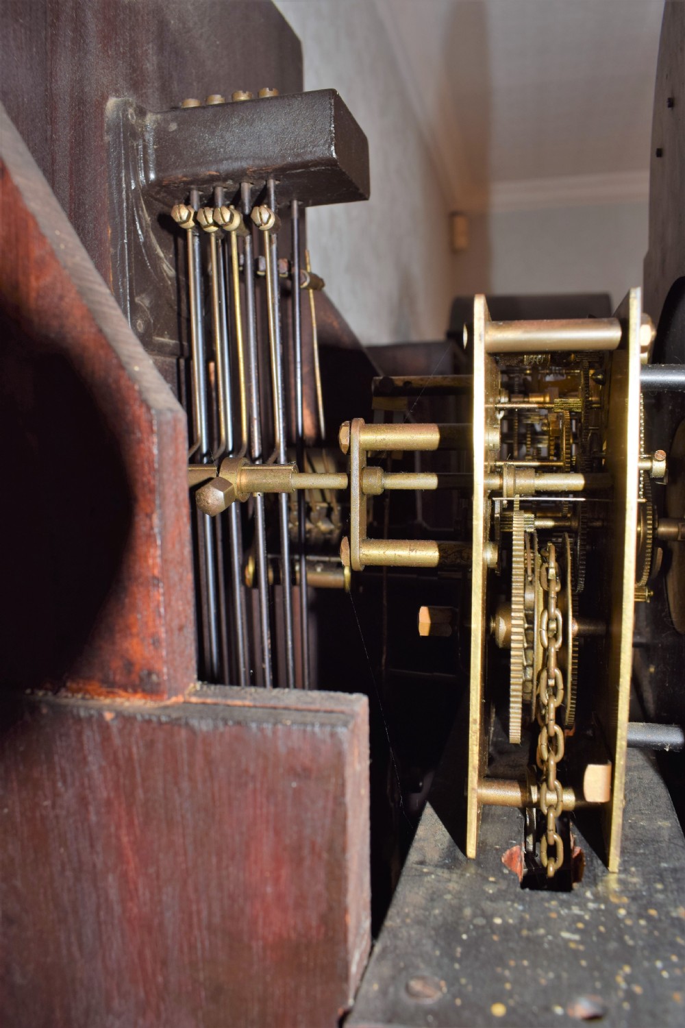 Edwardian Inlaid Glazed Door Mahogany Triple Weight Mellow Sounding Westminster Chiming Musical Grandmother or Grandfather Longcase Clock  View IX