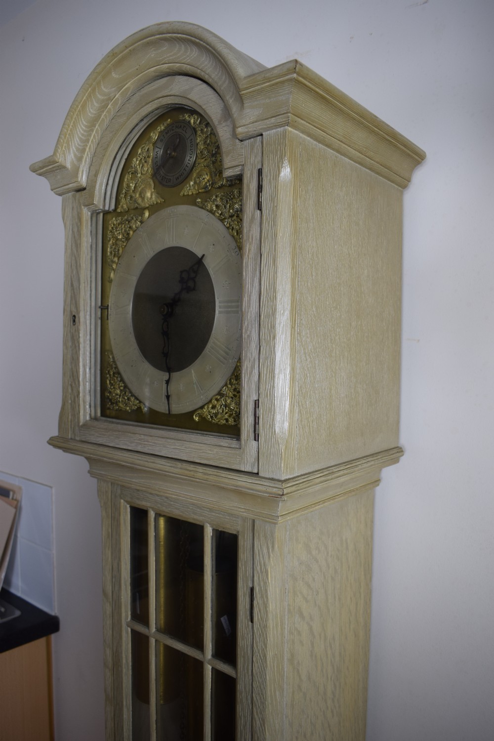 1920's Quarter Chiming Triple Tune Weight Driven Musical Grandmother or Grandfather Limed Effect Oak Longcase Clock View V