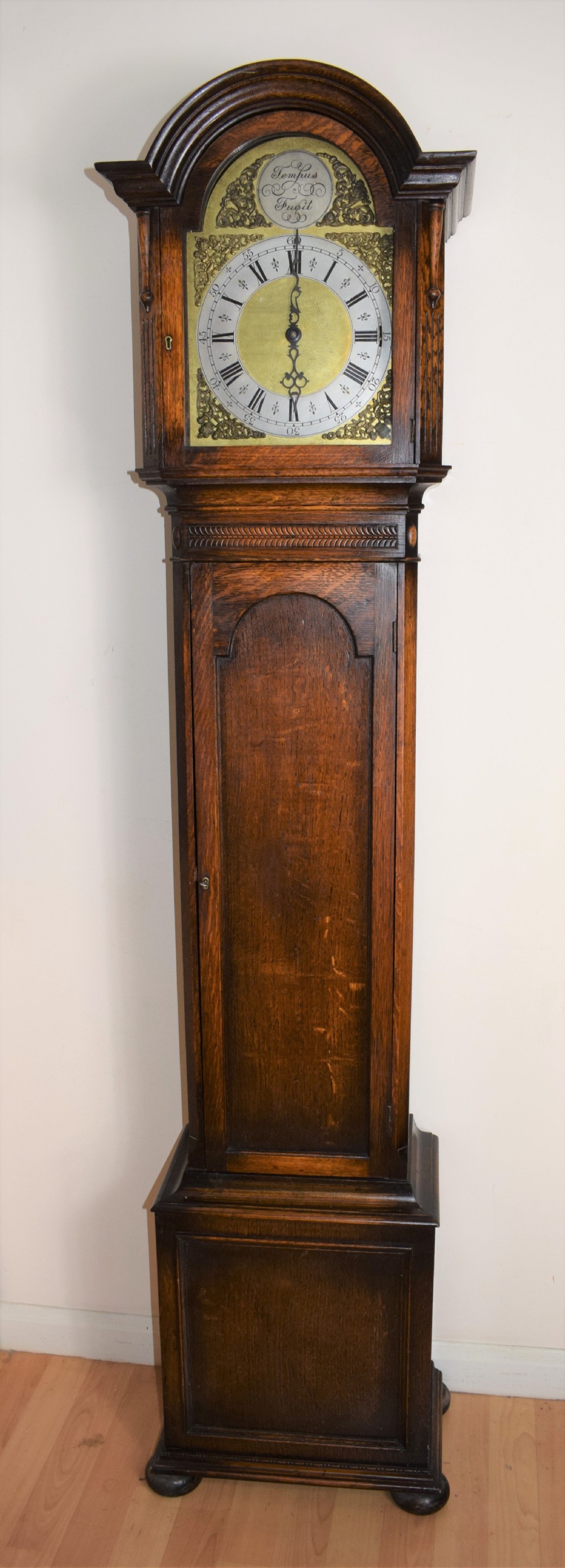 Charming Mellow Sounding Triple Weight Musical Westminster Chiming Oak Grandmother or Grandfather Longcase Clock with Subtle Art Deco Decoration