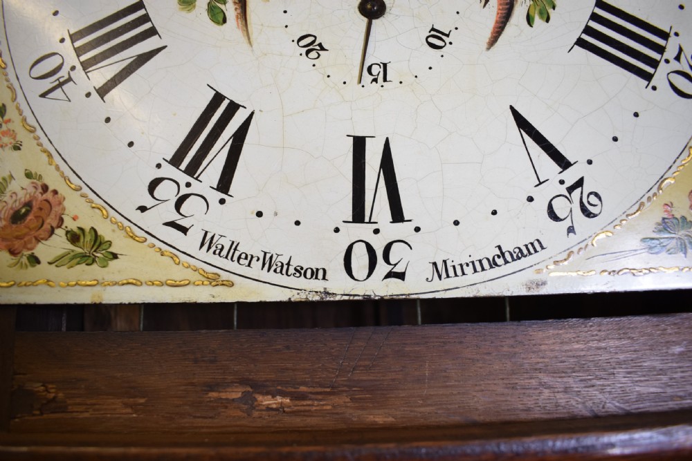 A Georgian oak and mahogany crossbanded longcase clock featuring a swan-neck pediment, brass finials, reeded columns, and a hand-painted dial with bird decoration. View VIII