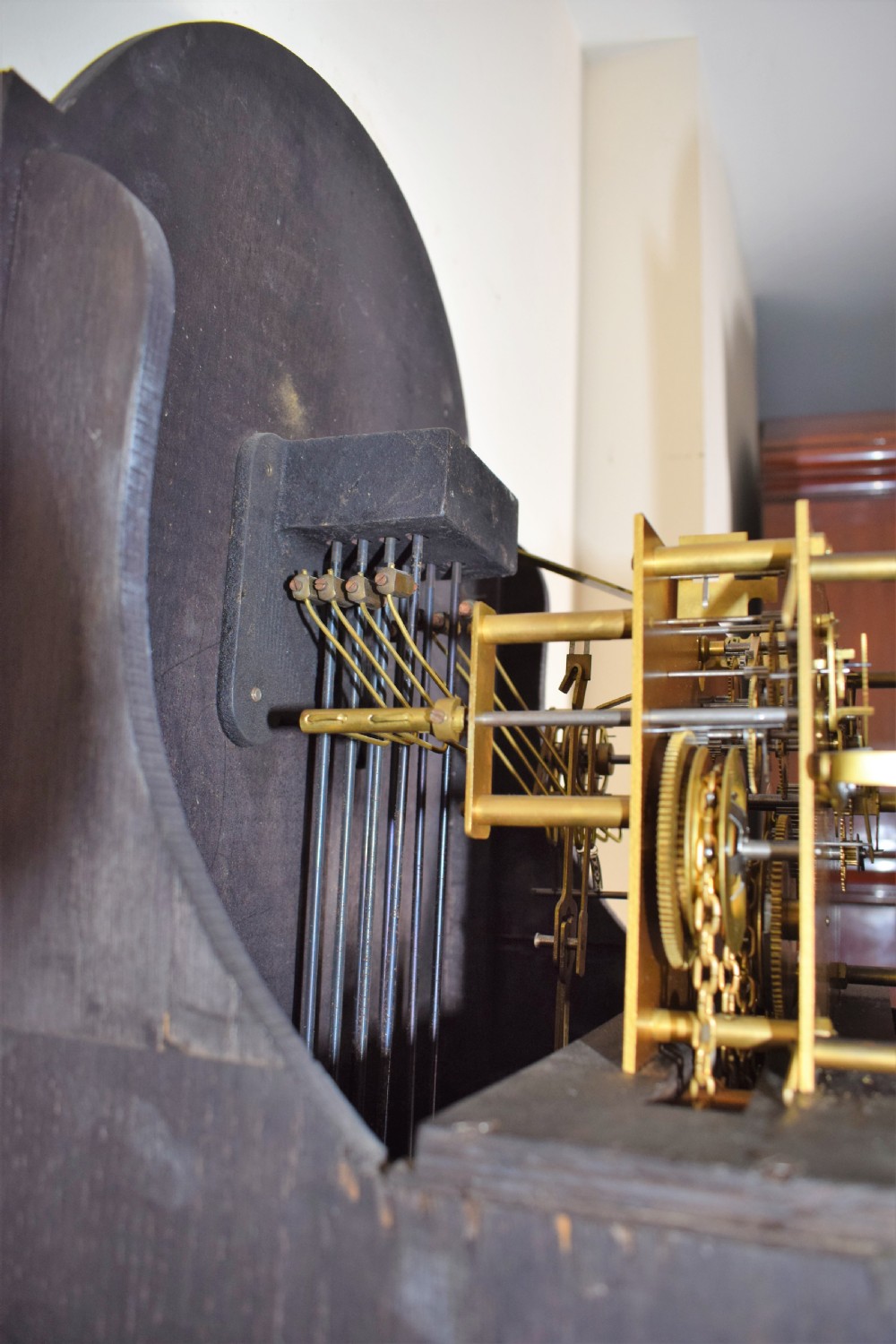 English Triple Weight Westminster Musical Chiming Grandmother or Grandfather English Oak with Glazed Trunk Door Longcase Clock. Circa 1920s View VII