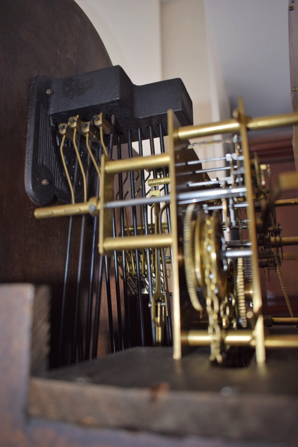 Whittington Musical Chiming English Warm Honey Coloured Oak Grandmother or Grandfather Longcase Clock with Glazed Trunk Door Raised on Bracket Feet - Circa 1920 View VII