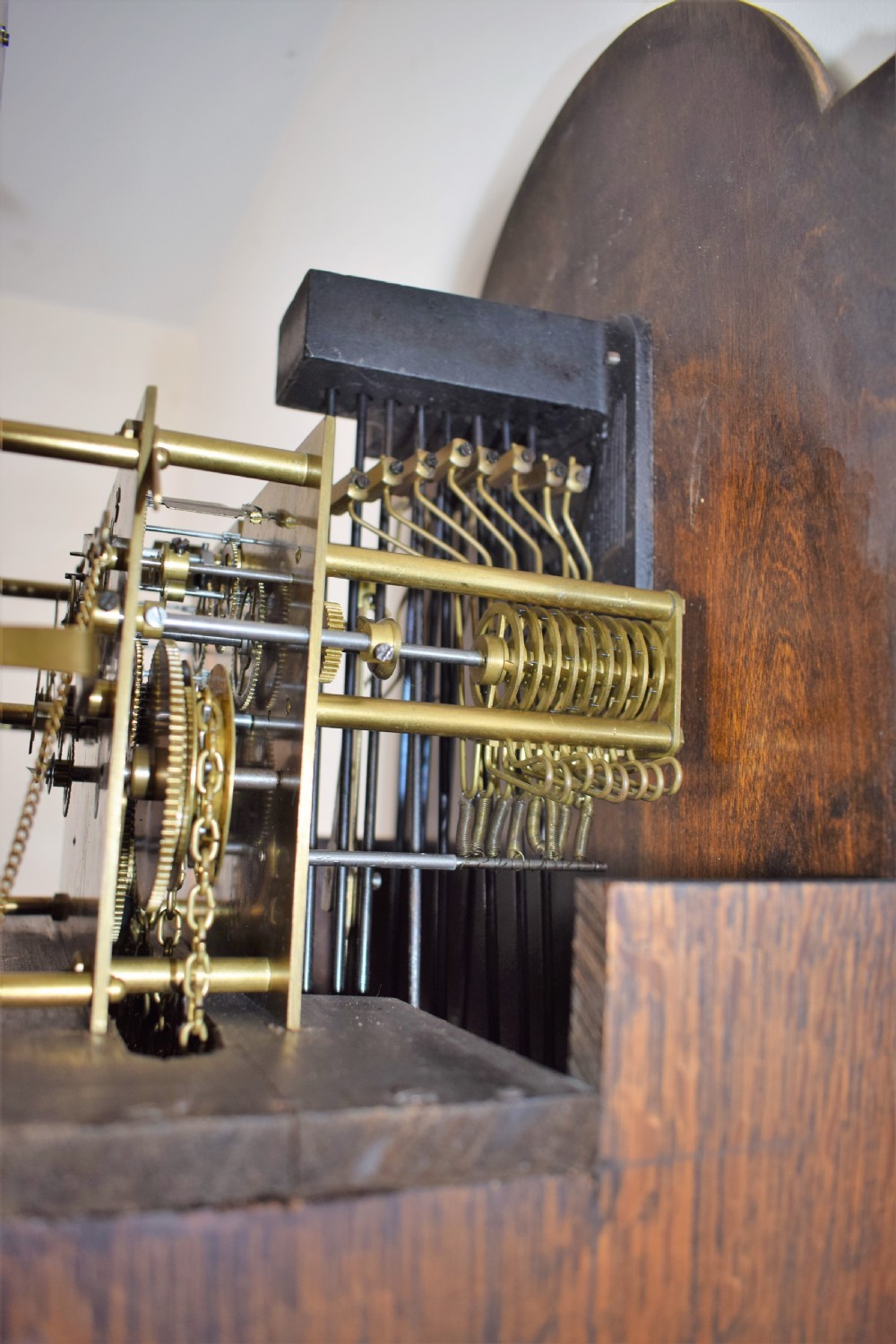 Whittington Musical Chiming English Warm Honey Coloured Oak Grandmother or Grandfather Longcase Clock with Glazed Trunk Door Raised on Bracket Feet - Circa 1920 View VIII