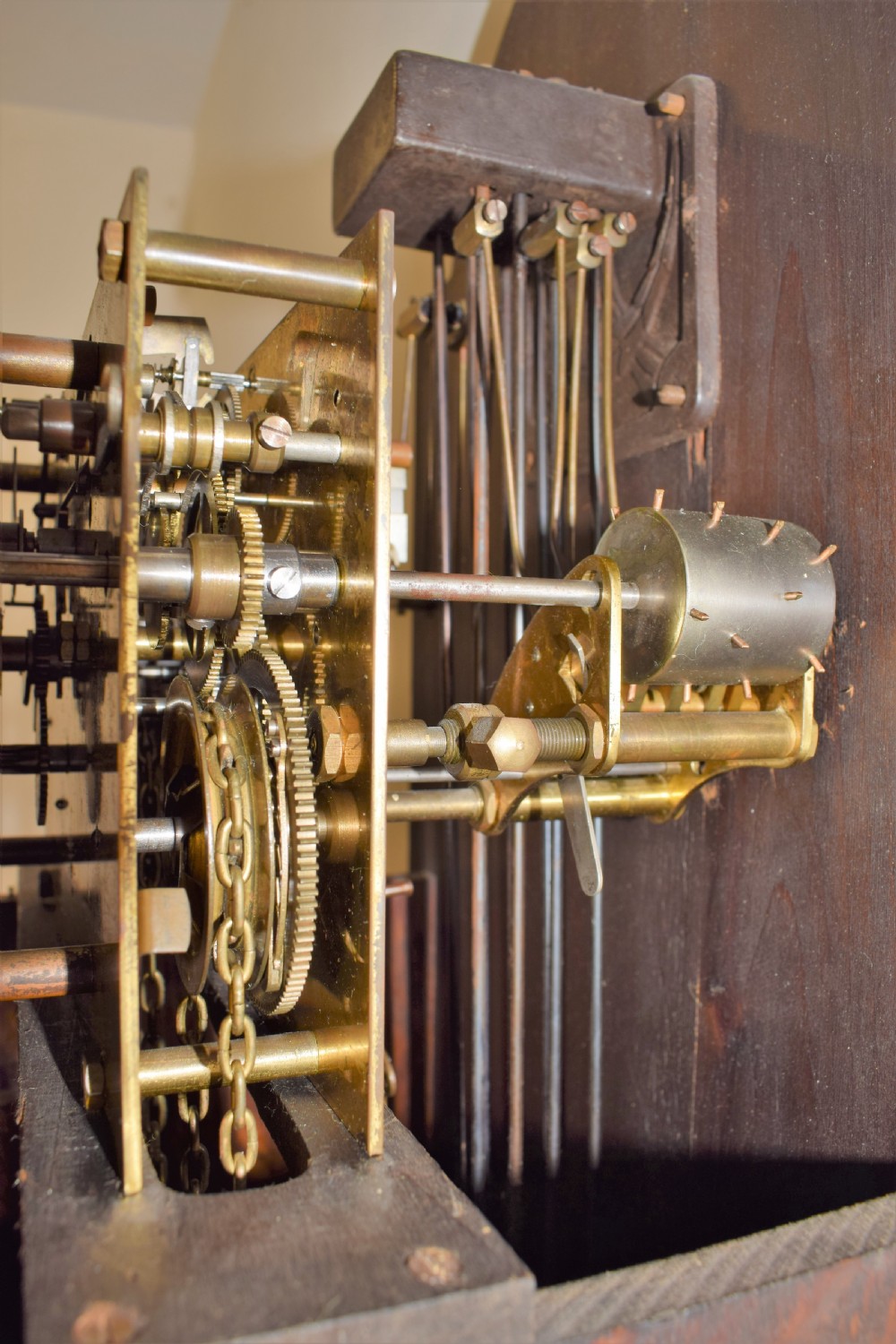 English Triple Weight Musical Chiming Grandmother or Grandfather Oak Longcase Clock with Barley Twist Columns Circa 1920 View VI