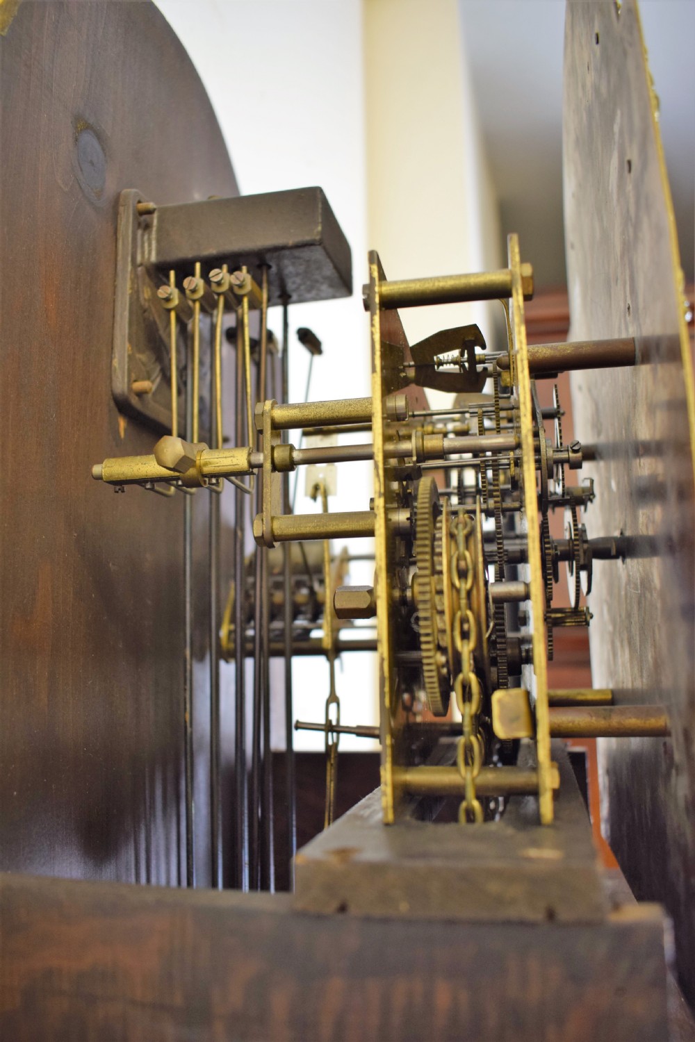 English Triple Weight Musical Chiming Grandmother or Grandfather Oak Longcase Clock with Barley Twist Columns Circa 1920 View VII