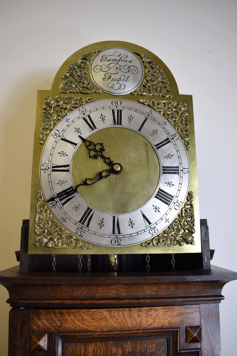 English Triple Weight Musical Chiming Grandmother or Grandfather Oak Longcase Clock with Barley Twist Columns Circa 1920 View VIII