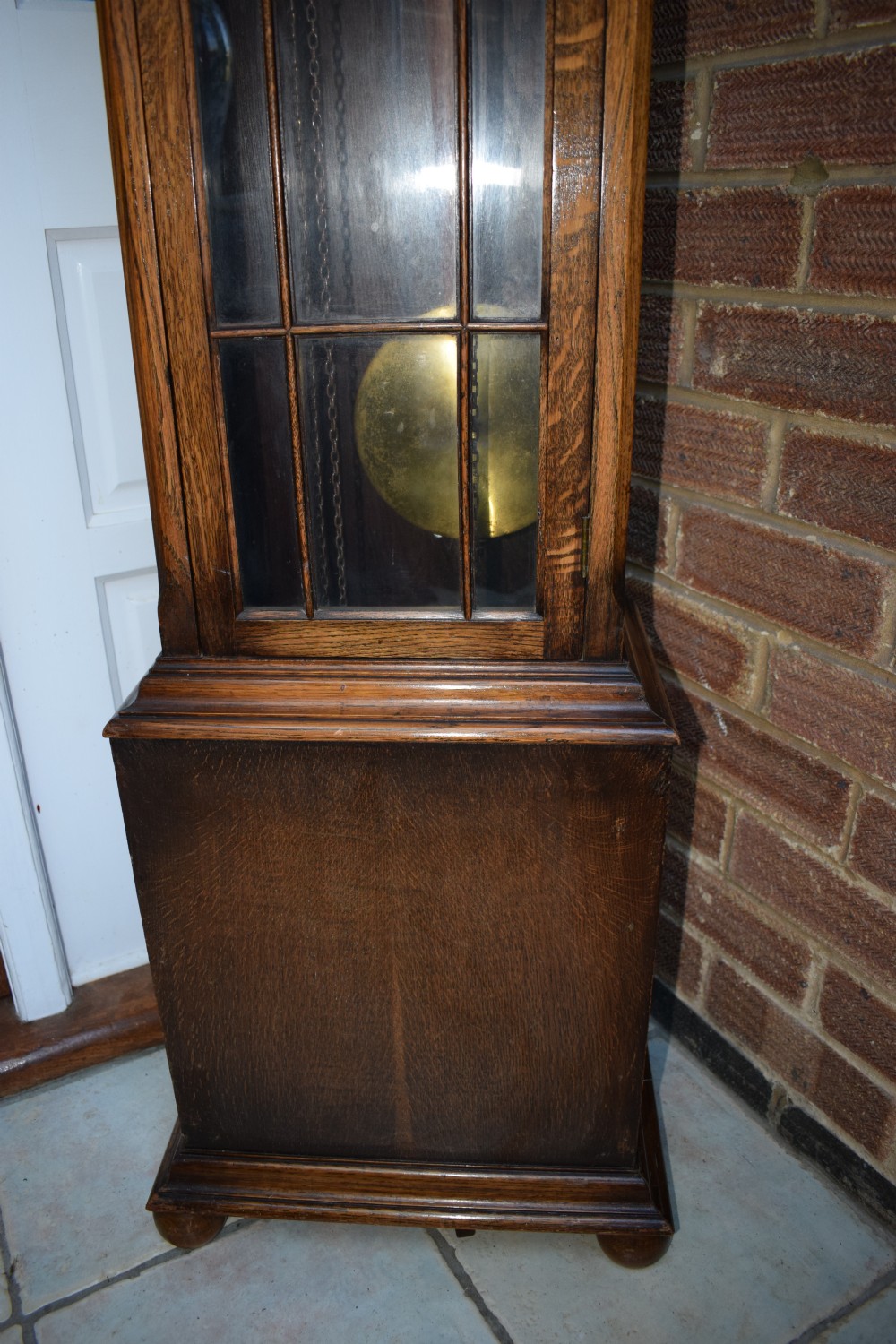 English Oak Grandmother or Small Grandfather Longcase with Peerless Triple Tune Triple Weight Musical Clock  View V