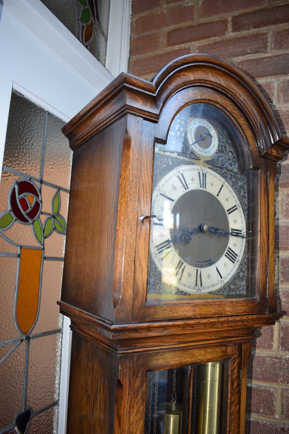 English Oak Grandmother or Small Grandfather Longcase with Peerless Triple Tune Triple Weight Musical Clock  View III