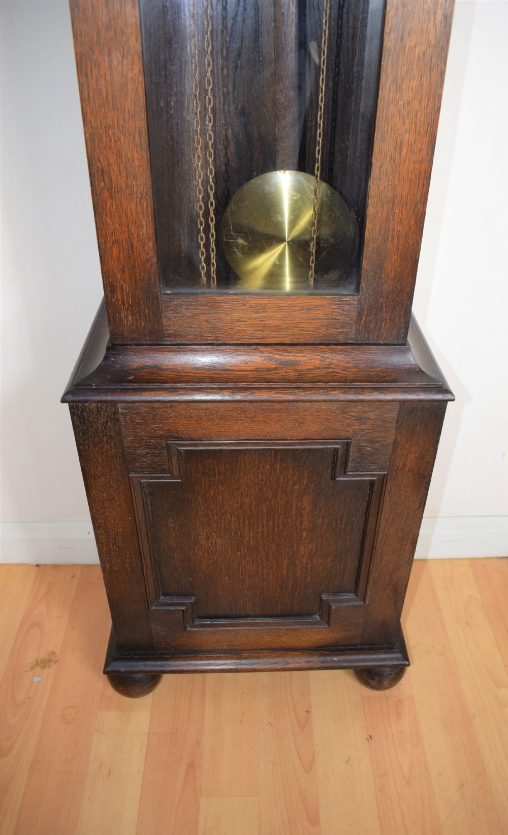 Westminster Chiming Musical Grandmother or Small Grandfather Oak Longcase Clock with Glazed Trunk Door, Barley Twist Columns and Strike/Silent Dial View II