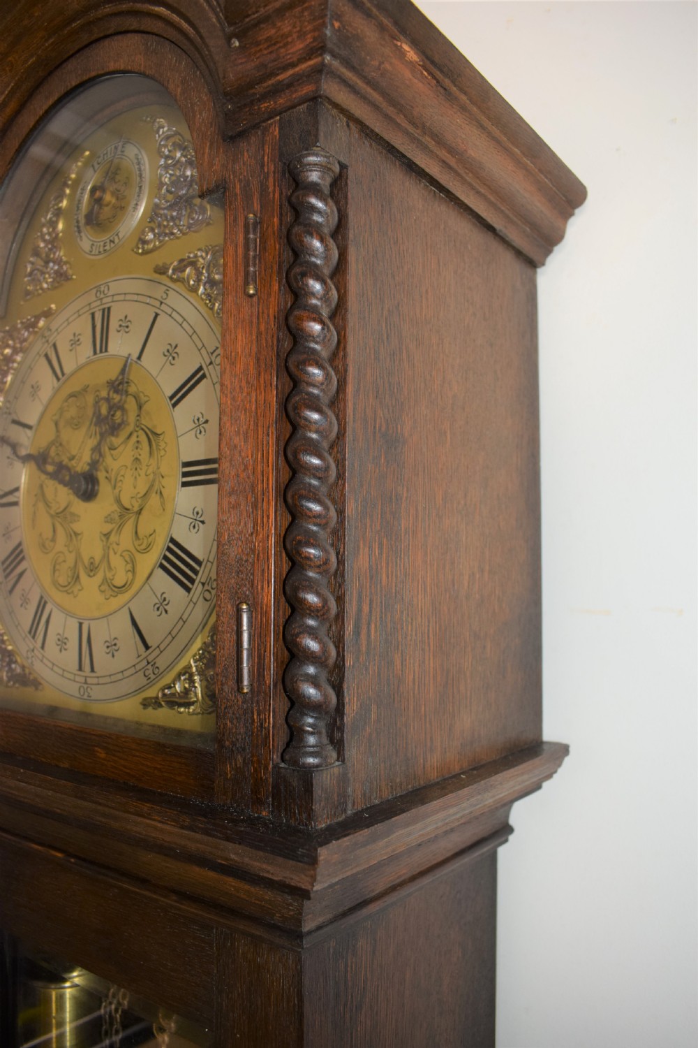 Westminster Chiming Musical Grandmother or Small Grandfather Oak Longcase Clock with Glazed Trunk Door, Barley Twist Columns and Strike/Silent Dial View IV