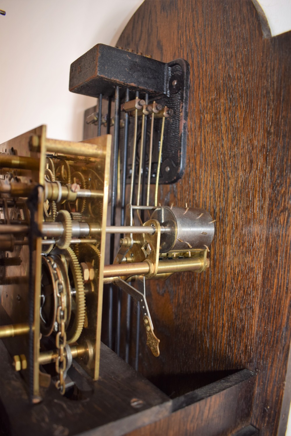 Westminster Chiming Musical Grandmother or Small Grandfather Oak Longcase Clock with Glazed Trunk Door, Barley Twist Columns and Strike/Silent Dial View VIII