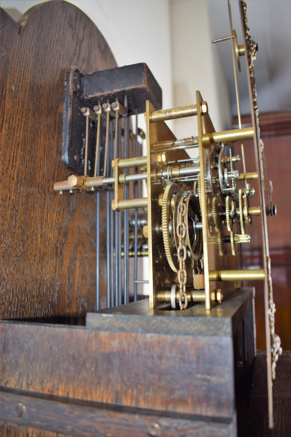 Westminster Chiming Musical Grandmother or Small Grandfather Oak Longcase Clock with Glazed Trunk Door, Barley Twist Columns and Strike/Silent Dial View IX