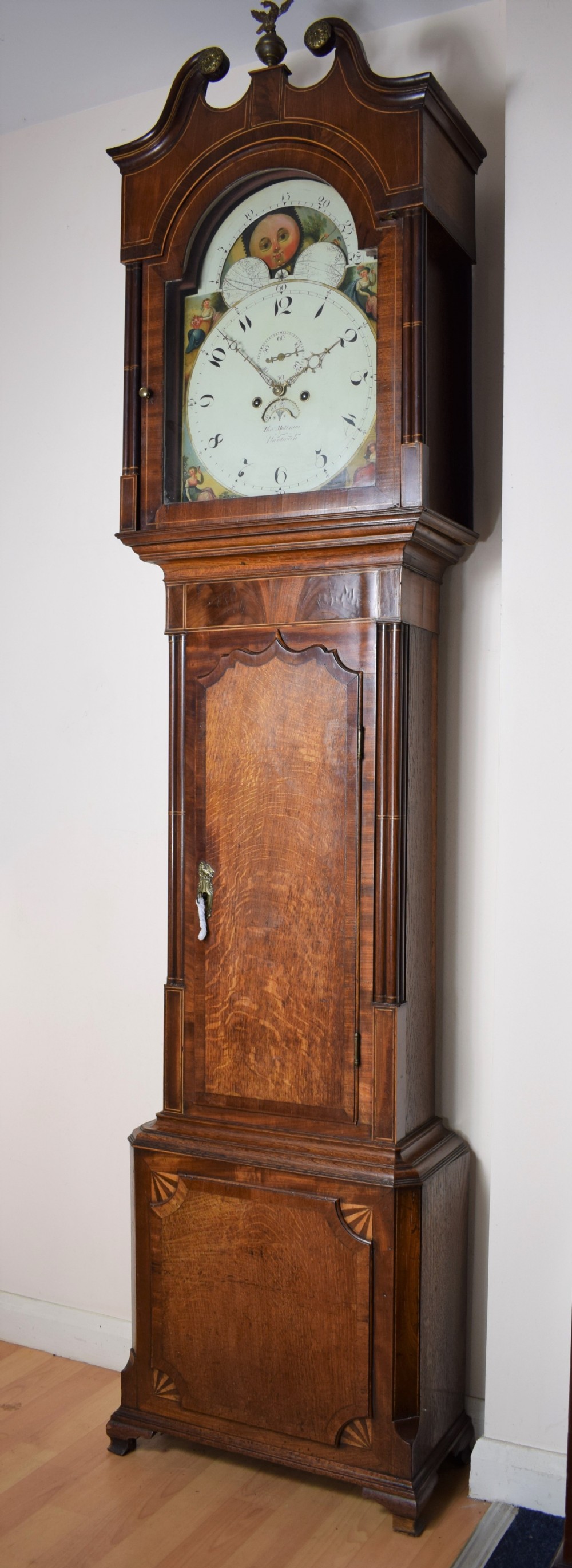 George III Fan Decoration Inlaid Oak and Mahogany Late 18th/Early 19th C. Longcase Clock with Moon Phase Dial. 86.5in High