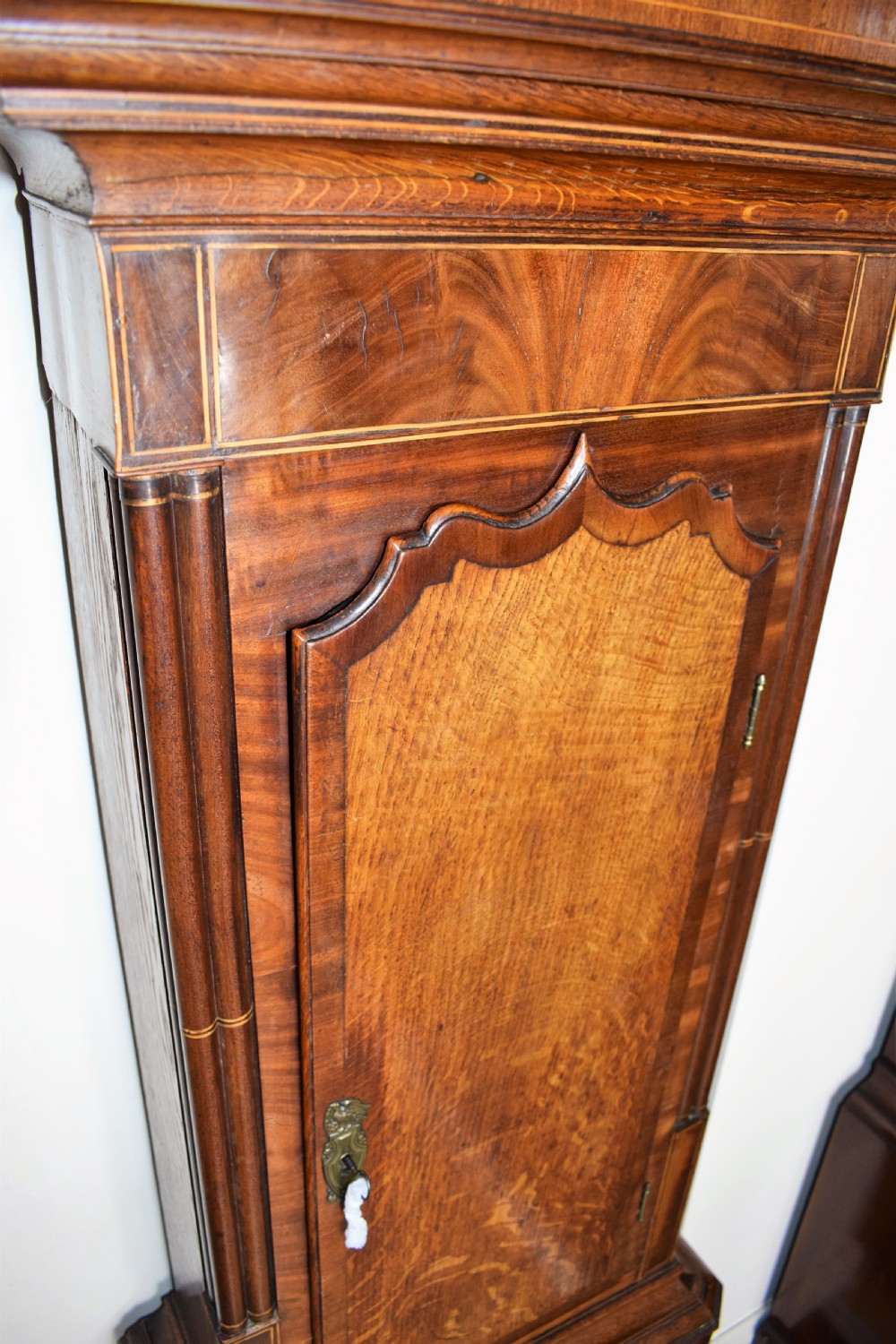 George III Fan Decoration Inlaid Oak and Mahogany Late 18th/Early 19th C. Longcase Clock with Moon Phase Dial. 86.5in High View III