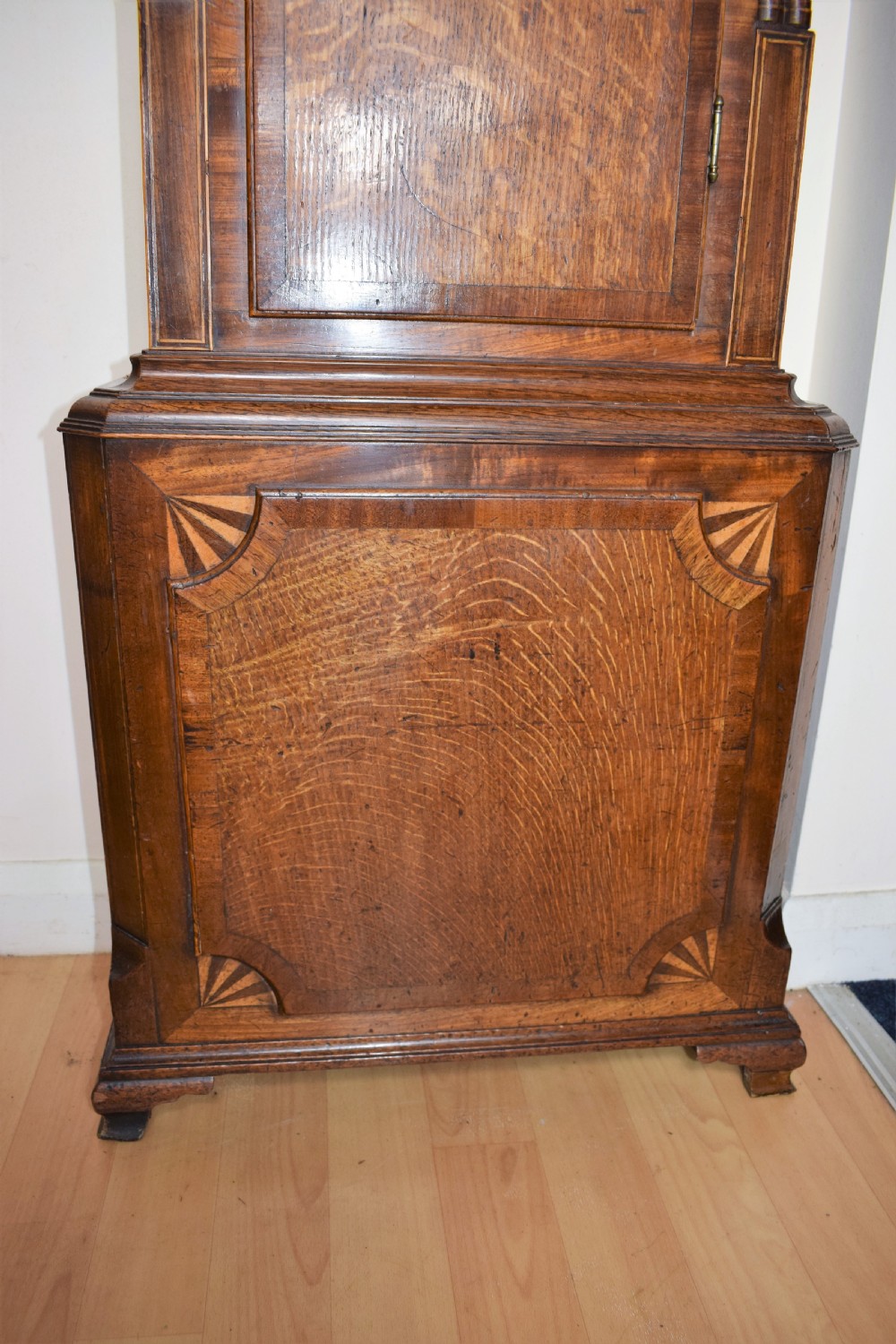 George III Fan Decoration Inlaid Oak and Mahogany Late 18th/Early 19th C. Longcase Clock with Moon Phase Dial. 86.5in High View IV
