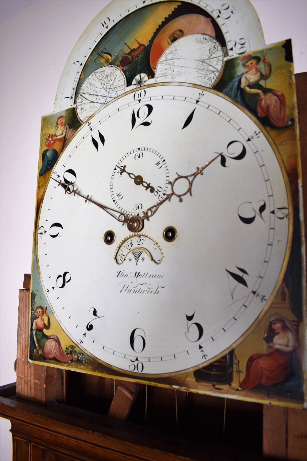 George III Fan Decoration Inlaid Oak and Mahogany Late 18th/Early 19th C. Longcase Clock with Moon Phase Dial. 86.5in High View V