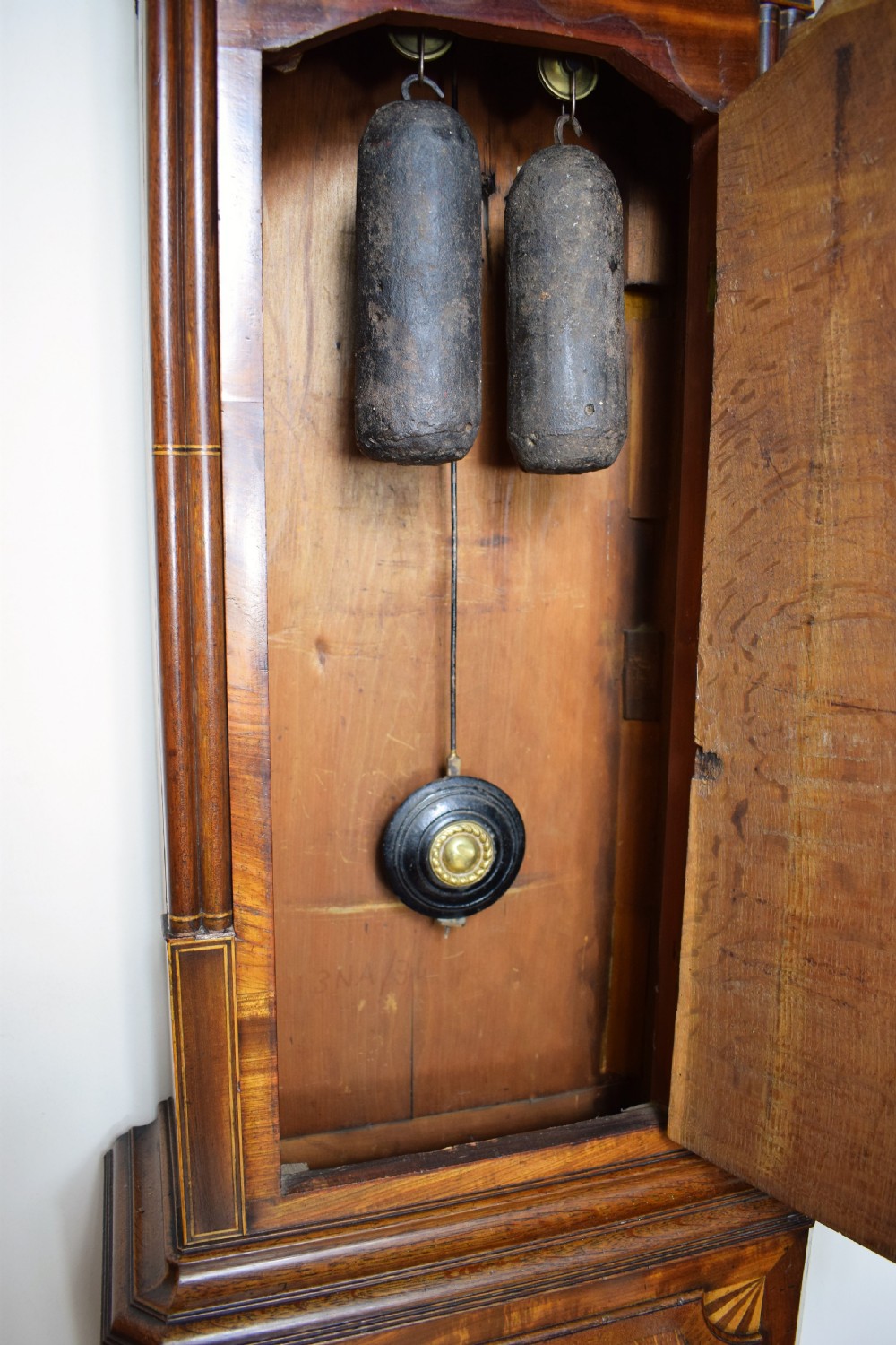 George III Fan Decoration Inlaid Oak and Mahogany Late 18th/Early 19th C. Longcase Clock with Moon Phase Dial. 86.5in High View VIII