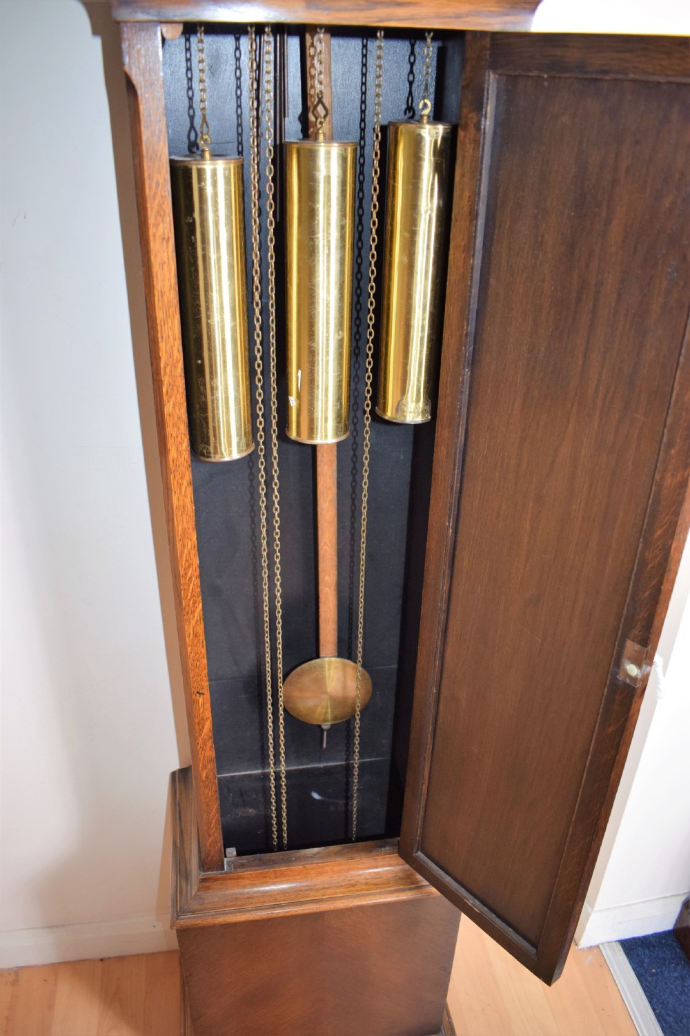 Triple Weight Westminster Chiming Musical Oak Cased Grandmother or Grandfather Longcase Musical Clock View VI