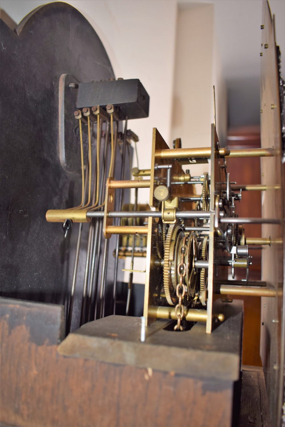 Triple Weight Westminster Chiming Musical Oak Cased Grandmother or Grandfather Longcase Musical Clock View VII