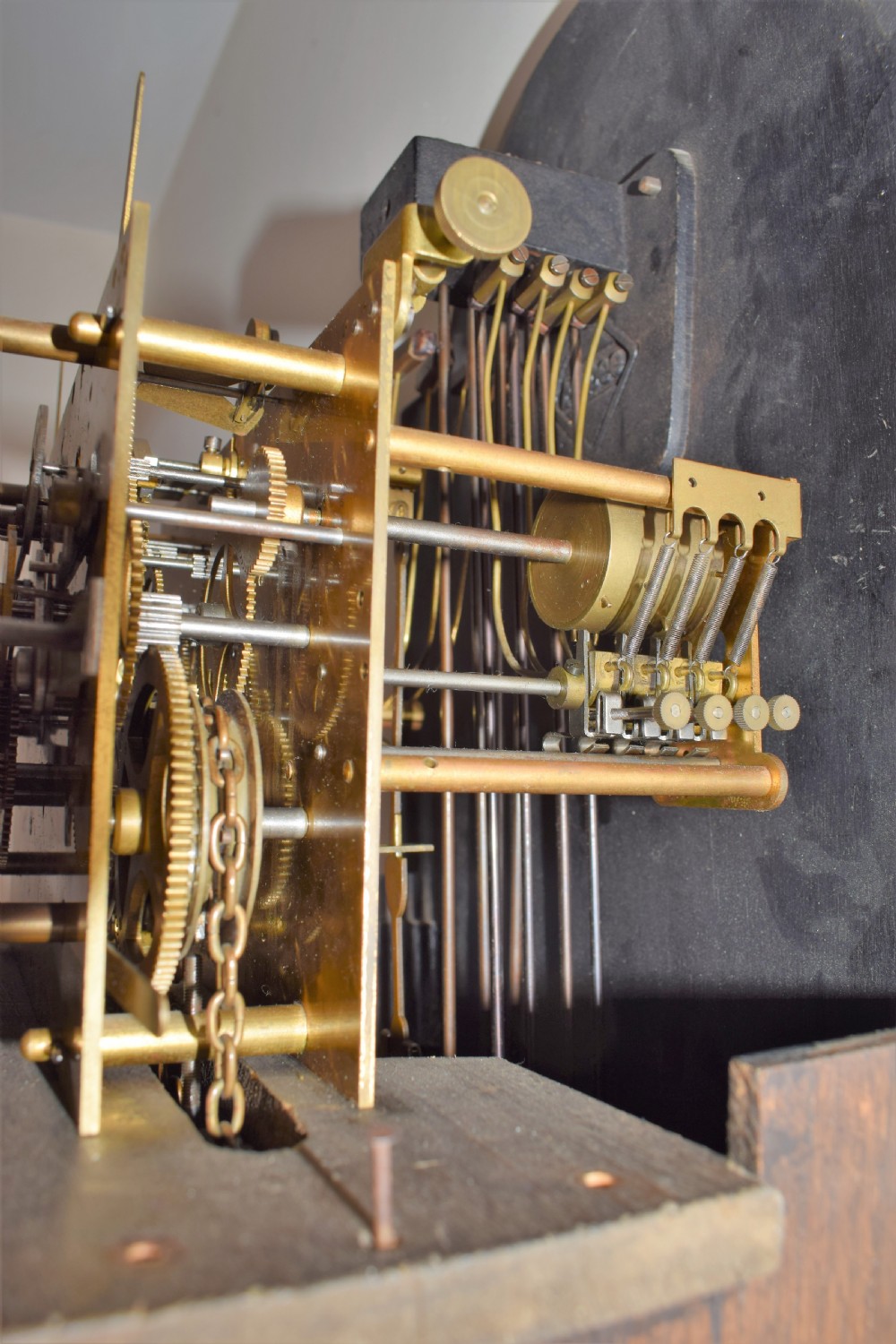 Triple Weight Westminster Chiming Musical Oak Cased Grandmother or Grandfather Longcase Musical Clock View VIII