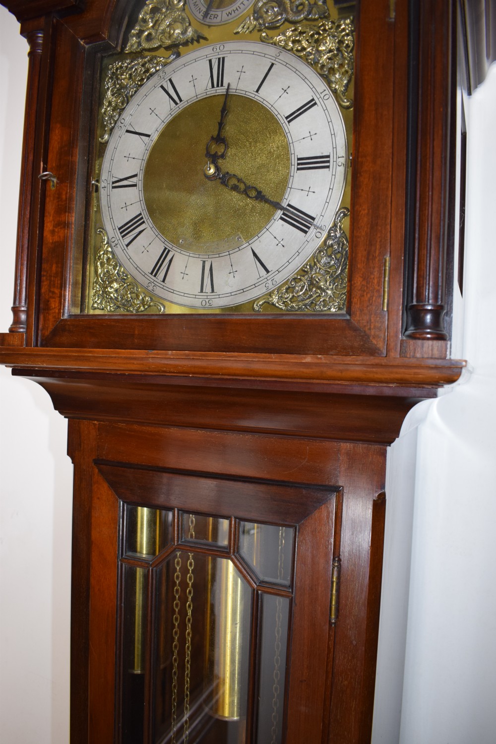 Good Quality Bravingtons Mahogany Grandmother or Grandfather Longcase Clock with Triple Tune and Triple Weight Peerless Musical Movement View III