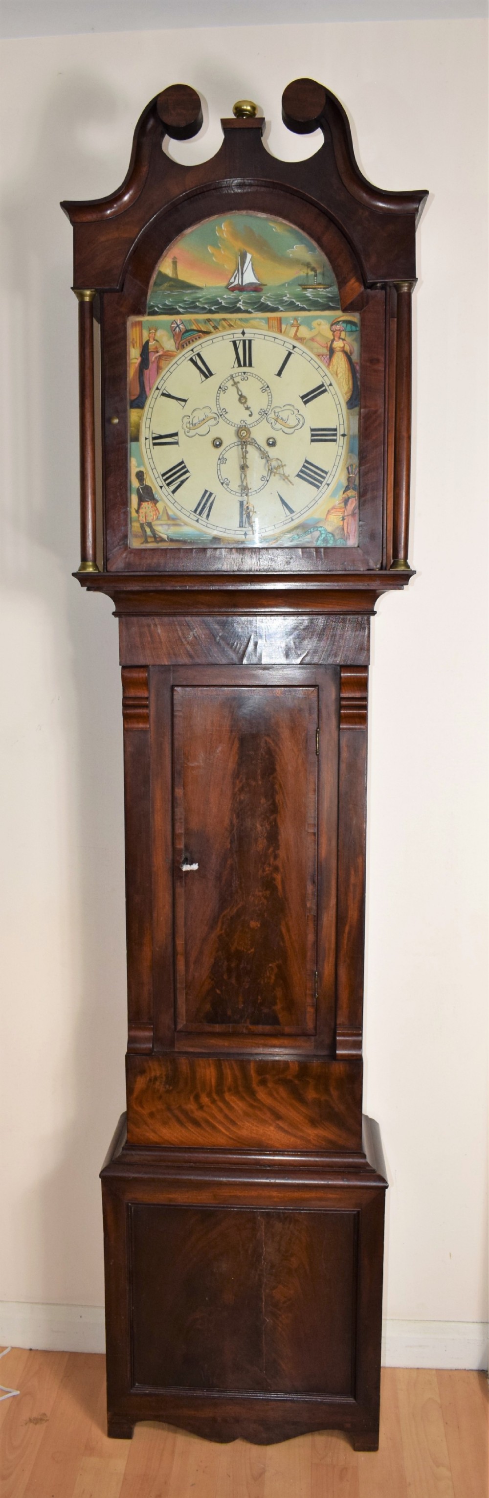 Beautiful Flame Mahogany Grandmother or Grandfather Longcase Clock with Automaton Rocking Ship by Hancock of Yeovil