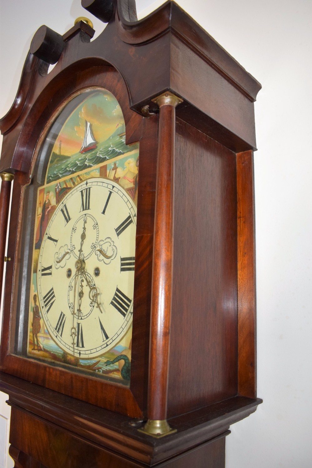 Beautiful Flame Mahogany Grandmother or Grandfather Longcase Clock with Automaton Rocking Ship by Hancock of Yeovil View IV