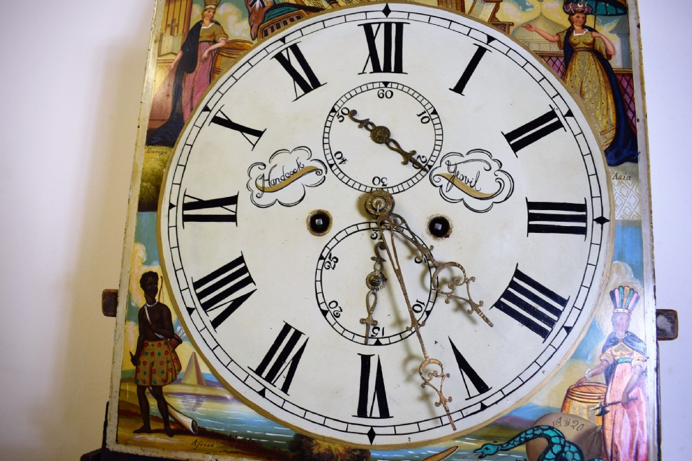 Beautiful Flame Mahogany Grandmother or Grandfather Longcase Clock with Automaton Rocking Ship by Hancock of Yeovil View XII