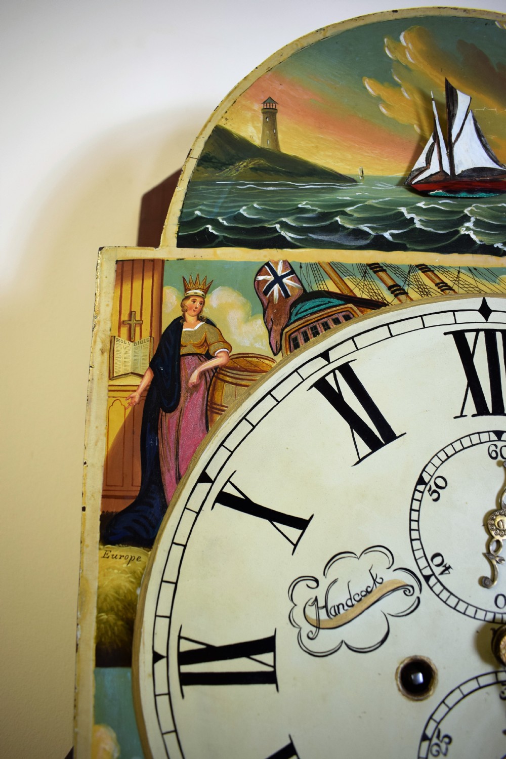 Beautiful Flame Mahogany Grandmother or Grandfather Longcase Clock with Automaton Rocking Ship by Hancock of Yeovil View XV