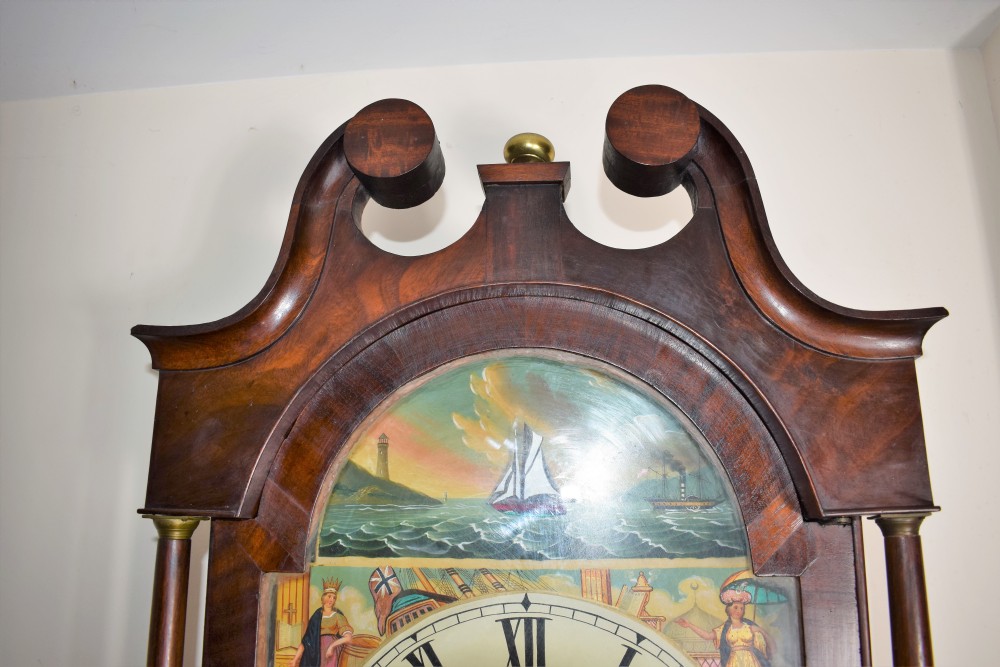 Beautiful Flame Mahogany Grandmother or Grandfather Longcase Clock with Automaton Rocking Ship by Hancock of Yeovil View VII