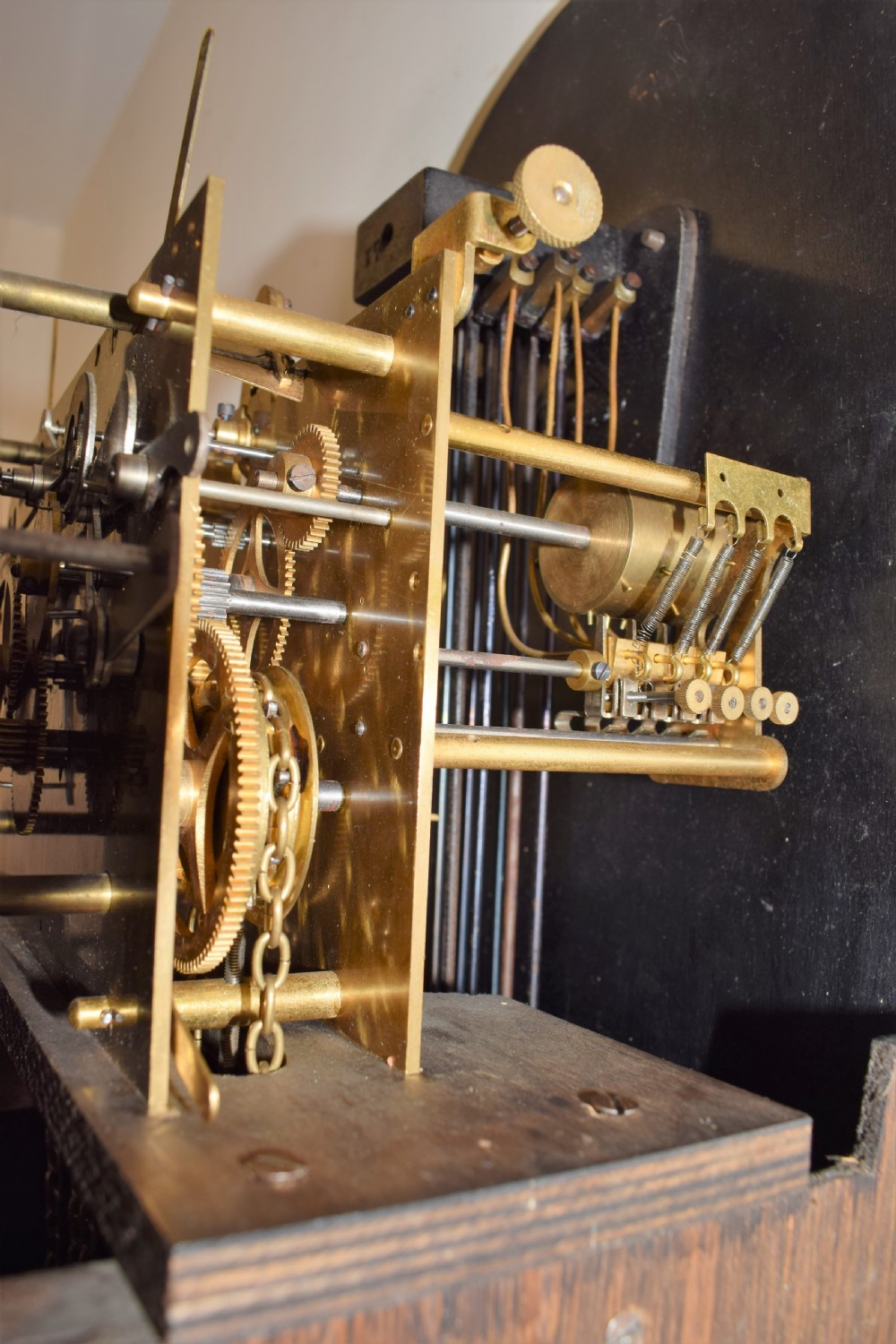 Triple Weight Westminster Chiming Musical Grandmother or Small Grandfather Oak Longcase Clock View VI