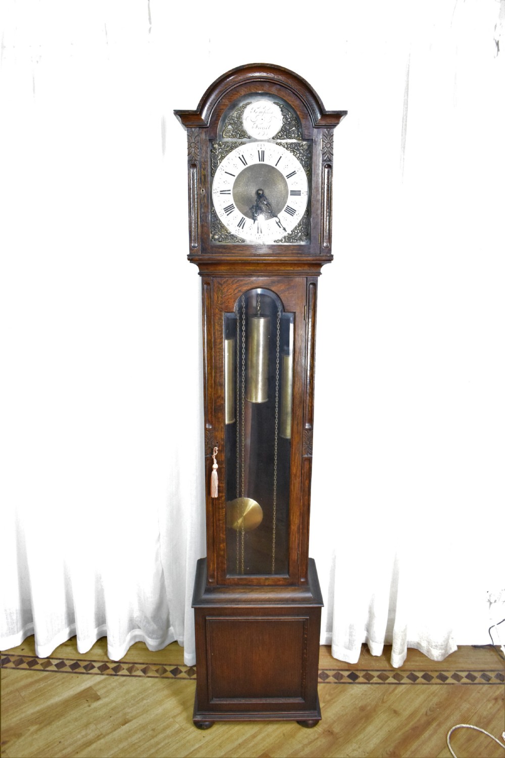 1920's Deep Mellow Sounding Musical Chiming Triple Weight  Oak Grandmother/Grandfather Longcase Clock - Silent Cord