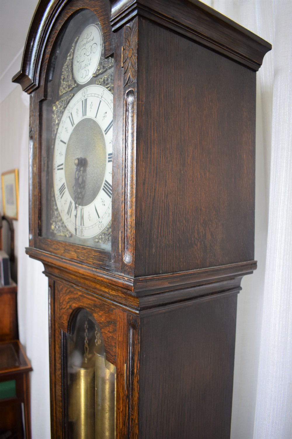 1920's Deep Mellow Sounding Musical Chiming Triple Weight  Oak Grandmother/Grandfather Longcase Clock - Silent Cord View III