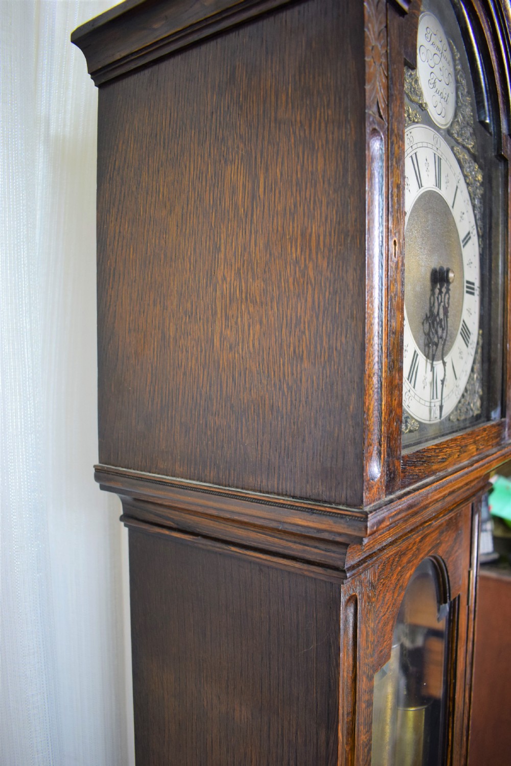 1920's Deep Mellow Sounding Musical Chiming Triple Weight  Oak Grandmother/Grandfather Longcase Clock - Silent Cord View IV