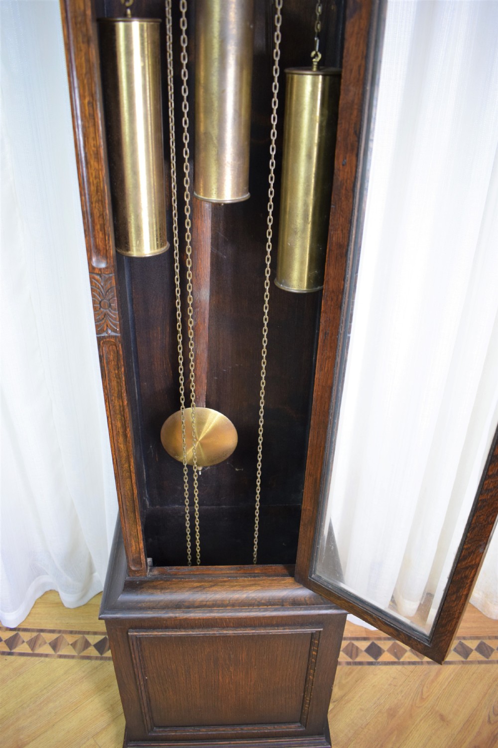 1920's Deep Mellow Sounding Musical Chiming Triple Weight  Oak Grandmother/Grandfather Longcase Clock - Silent Cord View VII
