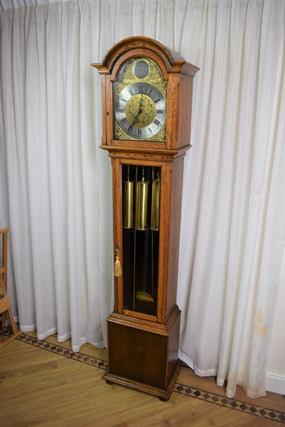 Small Light/Honey Oak Triple Weight Westminster Musical Chiming Grandfather or Grandmother Longcase Clock - 73.75in High View II